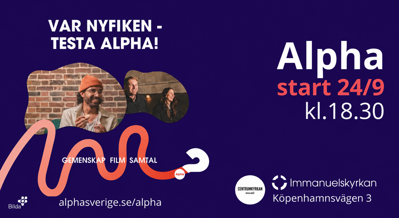 Alpha-kurs start 24/9 kl 18.30, Centrumkyrkan Malmö & Immanuelskyrkan